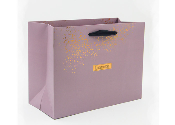 Personalized emas hot stamping butik tas kertas dengan gagang pita hitam